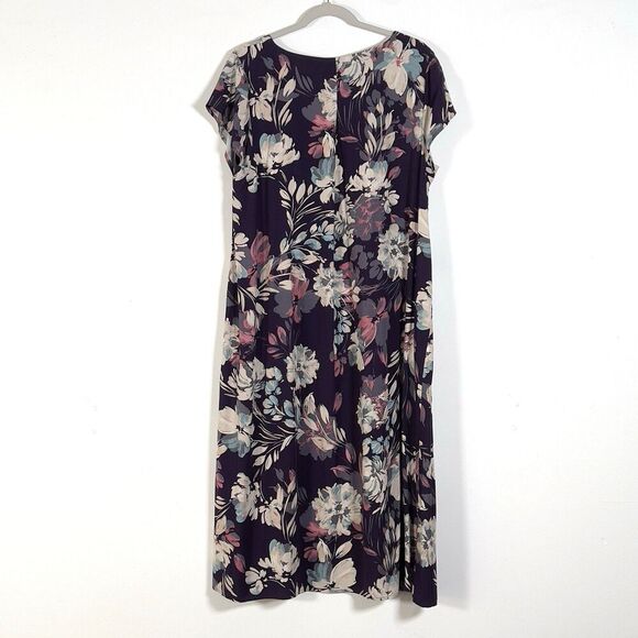 J Jill Vista Midi Dress Sz L Black Cherry Floral V-Neck Short Sleeve Pockets - Picture 3 of 10